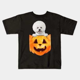 White Bichon Frise Dog In Pumpkin Pocket Halloween Kids T-Shirt